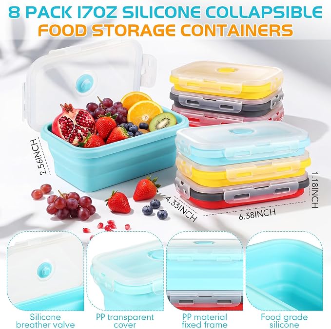 Set of 8 Silicone Collapsible Bowls for Camping with Vent Lid Silicone Storage Containers for Food Meal Preparation Square Bowl Microwave Freezer Dishwasher Safe (Candy Color,17 Oz/ 500 ml)