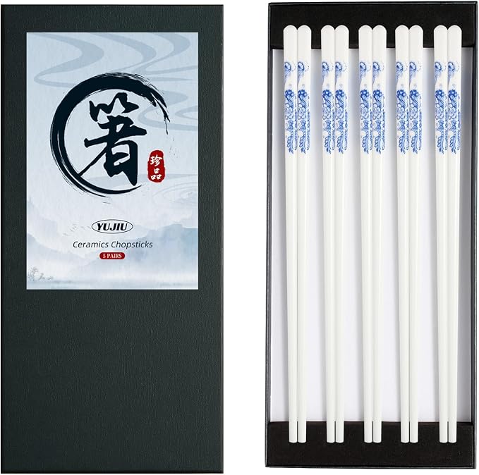 Porcelain Chopsticks Set of 5 Pairs, Reusable Bone Ceramic Chopsticks, Dishwasher Safe, Non-Slip Design, Elegant Gift Box for Family or Restaurant Use (Lantern flower)