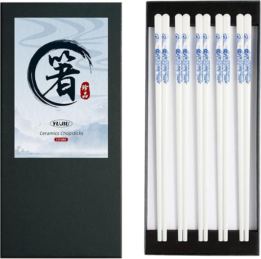 Porcelain Chopsticks Set of 5 Pairs, Reusable Bone Ceramic Chopsticks, Dishwasher Safe, Non-Slip Design, Elegant Gift Box for Family or Restaurant Use (Lantern flower)