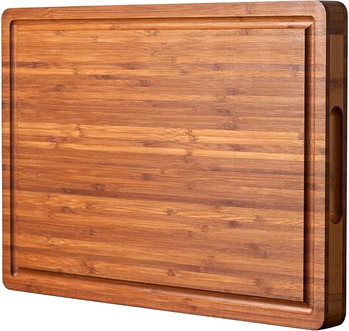Allsum Extra Thick Wood Cutting Board for Kitchen, Reversible and Durable | 1” thick carbonized bamboo butcher block - resists warping - with handles, juice groove - charcuterie board for party