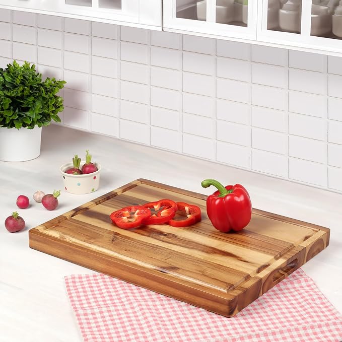 Acacia Wood Cutting Board (17x13x1.5in) and Wooden Butcher Block, Chopping Board - Reversible Multipurpose For Meat, Cheese Board, Vegetables, Bread...with Juice Groove, Cracker Holder & Inner Handles