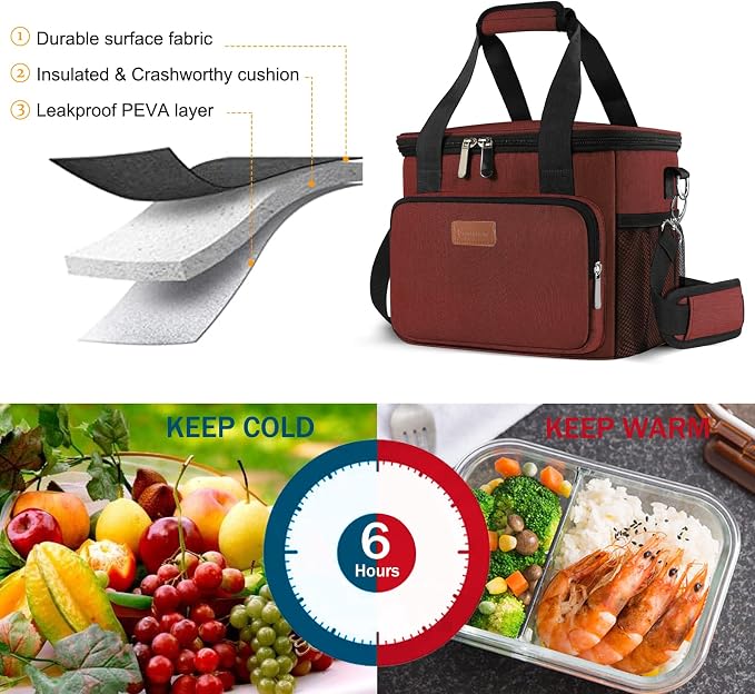 Lunch Bags for Women/Men, Insulated Lunch Bag for Work Office Picnic - Large Lunch Cooler Bag Leakproof Lunch Box with Adjustable Shoulder Strap for Adults - Red(15L)