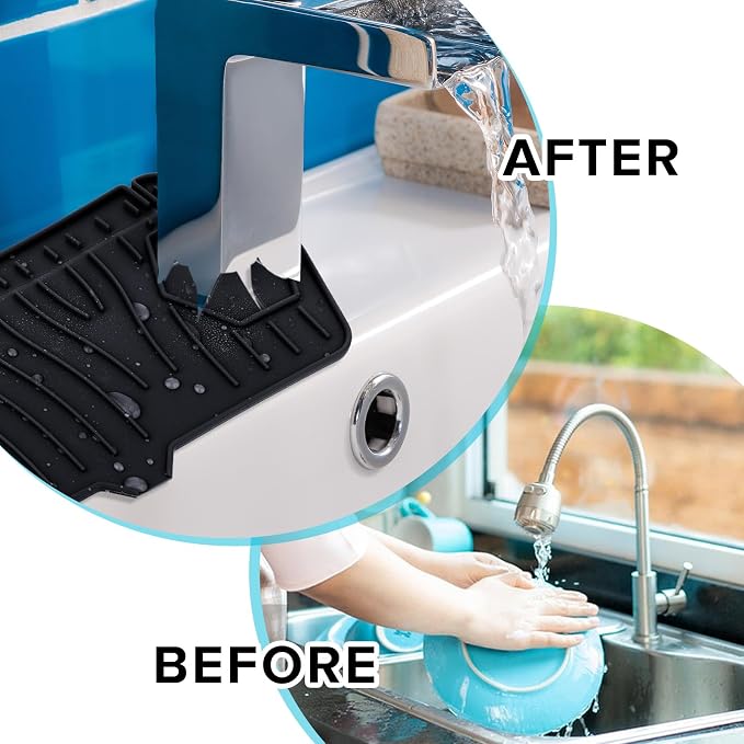Silicone Sink Splash Guard Kitchen Splash Guard for Sink Splash Prevention Faucet Mat for Kitchen Sink Faucet Guard, Draining Mat Faucet Mat for Kitchen Sink Faucet Splash Guard（Black）