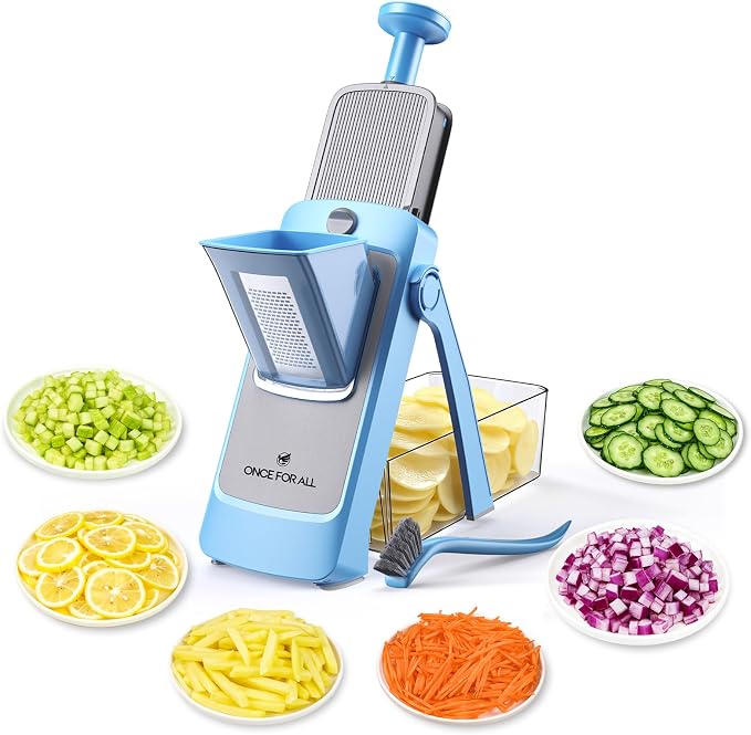 ONCE FOR ALL Safe Mandoline Slicer Pro, Food Slicer with Container, Blue | 4th Gen, 0.1-8mm Adjustable Kitchen Mandoline Slicer, Veggie Chopper Cutter For Potato Onion Fruit, Stainless Steel, Gift