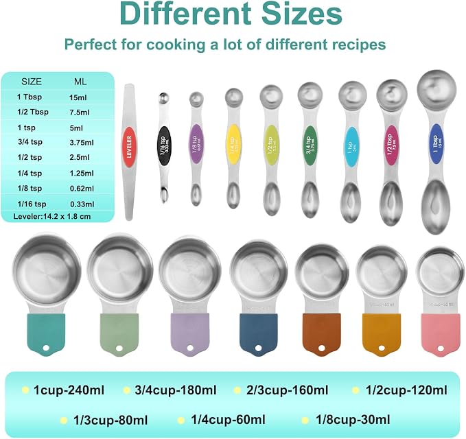 RUNZI 16 Pcs Magnetic Measuring Cups and Spoons Set,Stackable Metal Measure Cup for Measuring Dry and Liquid Ingredients,Kitchen Dry Food, Cooking Baking Measurements,Silvery