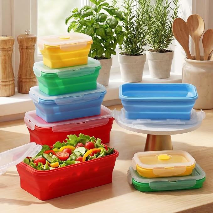 Set of 8 Silicone Collapsible Bowls for Camping with Vent Lid Silicone Storage Containers for Food Meal Preparation Square Bowl Microwave Freezer Dishwasher Safe(Vibrant Color,Assorted Sizes)