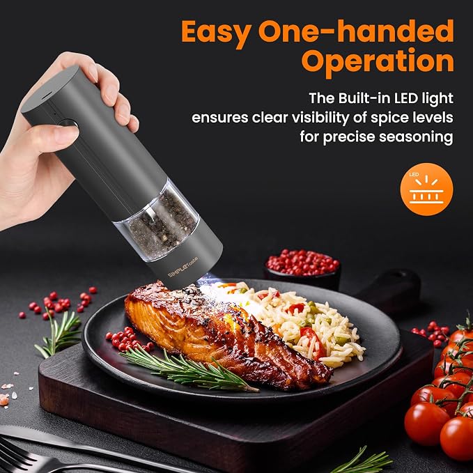 SIMPLETASTE Electric Salt and Pepper Grinder Set with LED Light, Automatic Pepper Mill Shakers with Adjustable Coarseness, One Hand Operation for Kitchen, Dining, Gifting, Black, Rechargeable