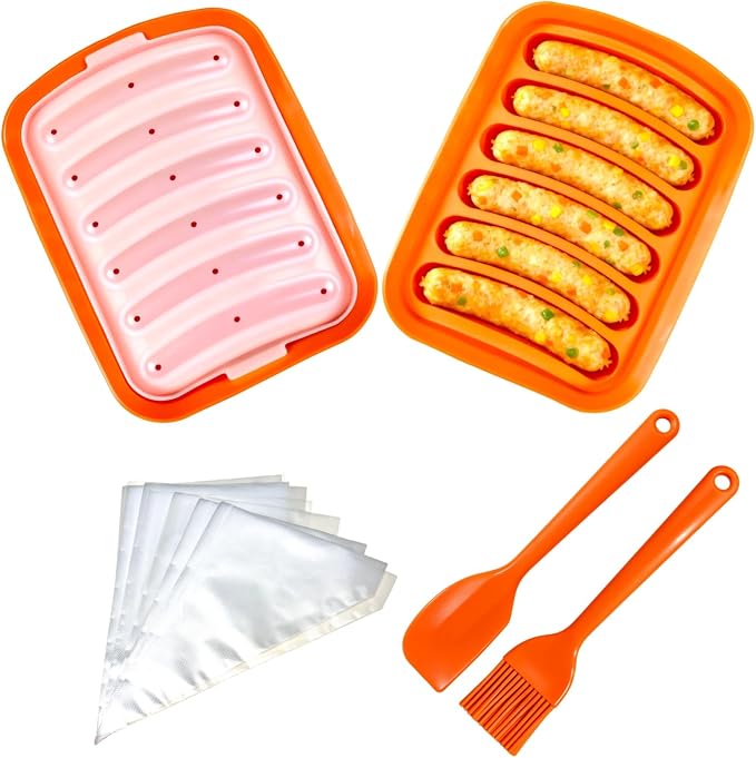 Silicone Sausage Mold 2 Pcs with a Set of Silicone Brush Spatula and 25x Pastry Bags, Non-Stick Hot Dog Bun Pan, DIY Handmade Ham Sausage, Hot Dogs Baking Mold for Children's Food with Lid, Orange*2