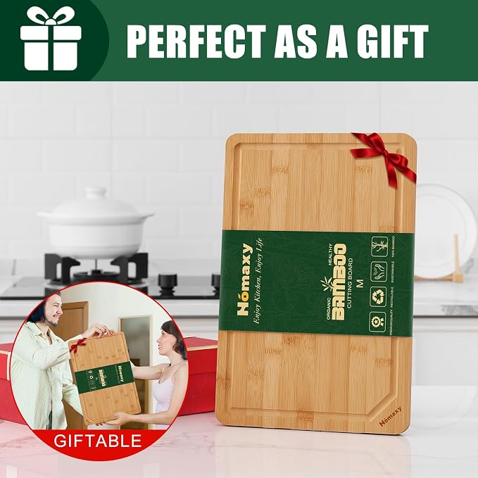 Homaxy Organic Bamboo Cutting Boards for Kitchen, 15"x10" | Wood M Cutting Board with Juice Groove and Handles, Charcuterie Butcher Block Serving & Chopping Board, Pre Oiled