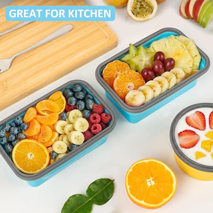 Collapsible Food Storage Containers with Airtight Lid & Vent Valve, 27 oz, Annaklin Kitchen Stacking Silicone Collapsible Meal Prep Container Set for Leftover, Microwave Freezer Safe, Blue, Set of 4