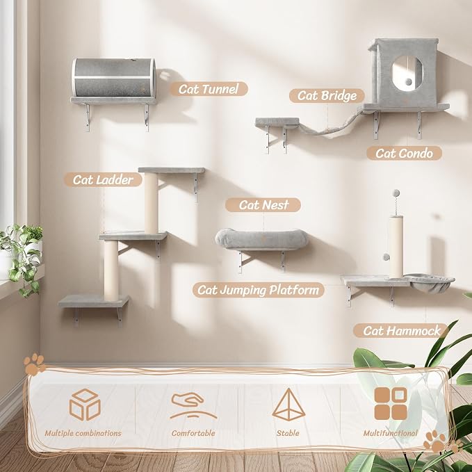 NUNU LAB 7-in-1 Cat Wall Shelves, Wall Mounted Cat Climber Set, Cat Furniture with House, Tunnel, Bridge, Steps, Scratcher, Hammock, Shelves for Indoor, Gray
