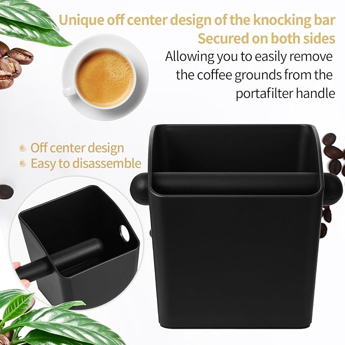 IAOSEN Large Square Knock Box Shock-absorbent Knock Box Espresso with Removable Knock Bar and Non-Slip Base Espresso Accessories for Home/Office (Large Black Knock Box with Tamper Mat)