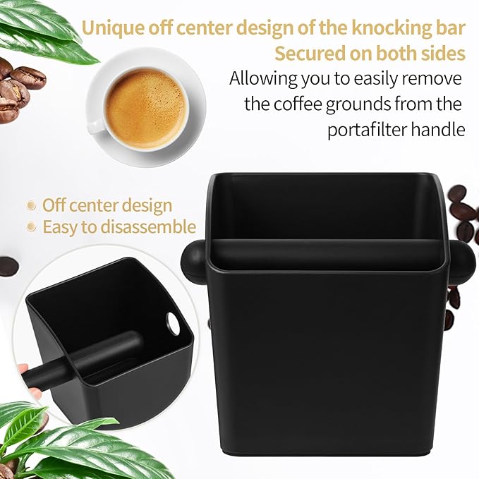 IAOSEN Large Square Knock Box Shock-absorbent Knock Box Espresso with Removable Knock Bar and Non-Slip Base Espresso Accessories for Home/Office (Large Black Knock Box)