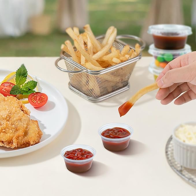 360 Set 2 oz Jello Shot Cups with Lids, Sturdy & Food Safe Disposable Plastic Portion Condiment Dipping Sauce Cups, Small Containers for Salad Dressing