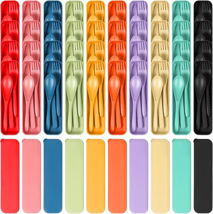 YDYTOP Reusable Travel Utensils Set with Case, 40 Sets Wheat Straw Knife Fork Spoon Cutlery, Multicolor Plastic Silverware for Kids and Adults, School Lunch, Party, Picnic and Camping