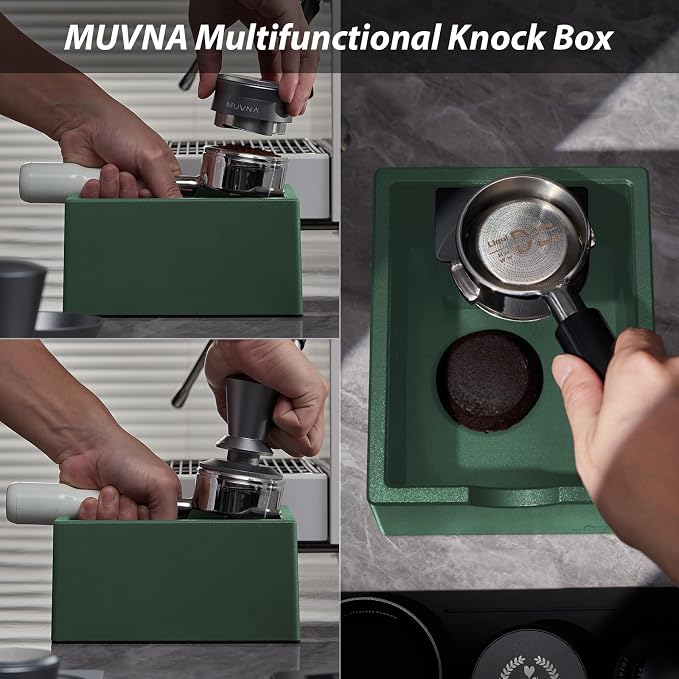 Espresso Knock Box with Brush, 15 Pucks Coffee Grounds Dump Bin with Silicone Knock Bar, Anti-Slip Base & Tamping Station, Quiet Knockbox Set for Barista Home Kitchen & Coffee Bar, Green