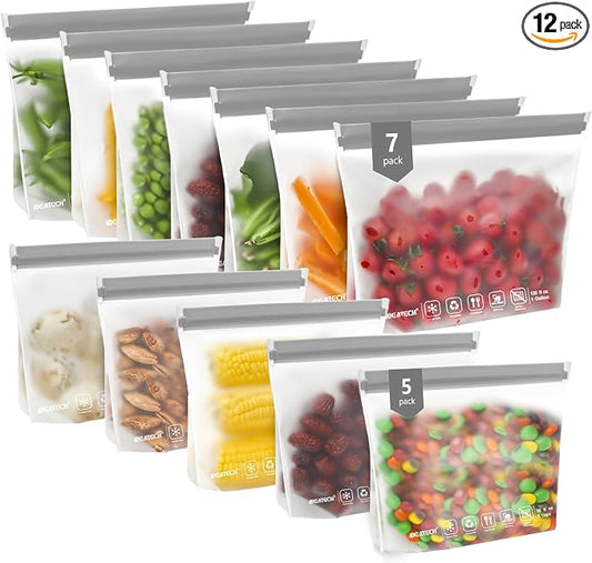 IDEATECH Sandwich Food Storage Bags, BPA Free PEVA Reusable Gallon Freezer Bags, Reusable Sandwich Bag, Healthy Food Containers for Lunch, Travel (Grey, 12Pack-7Gallon+5Quart)