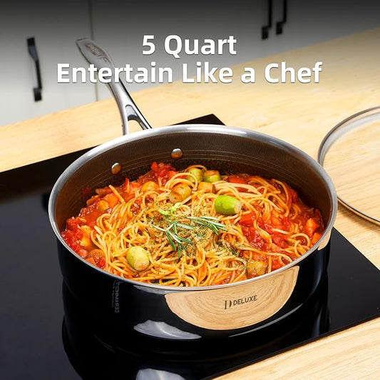 DELUXE Hybrid Ceramic Nonstick 5 Qt Deep Sauté Pan with Lid, Stainless Steel Skillet with Stay-Cool Handles, Dishwasher and Oven-Safe, PFOA Free Deep Frying Pan, Compatible with All Cooktops