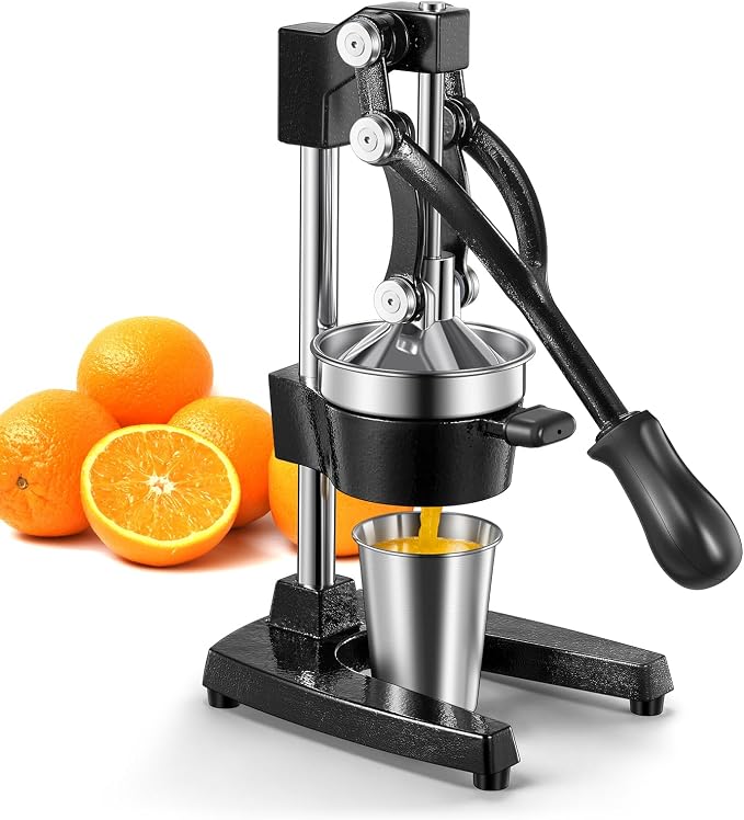 QCen Manual Citrus Juicer Cast Iron Heavy Duty Orange Press | Stainless Steel Strainer, Hand Squeezer, Easy To Clean, For Orange, Lemon, Lime And Grapefruit, Black