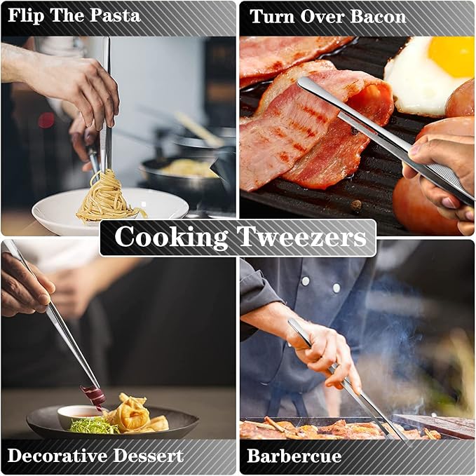 JETKONG 2 Pcs 10-Inch Cooking Tweezers Stainless Steel, Straight Food Tweezers, Professional Kitchen Forceps for Cooking Repairing and BBQ (Silver)