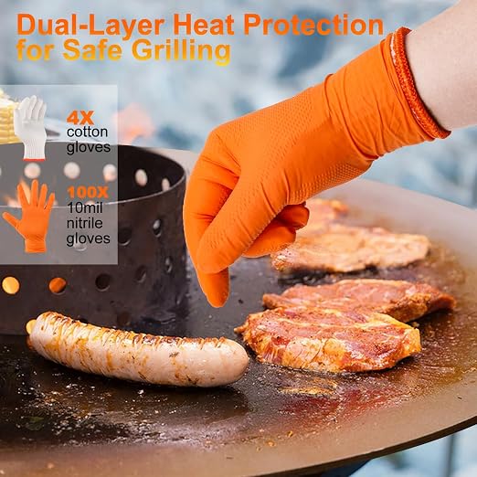 ANBOSON BBQ Gloves Disposable, Heat Resistant Grilling Gloves for Cooking | 10Mil Heavy Duty Nitrile Gloves-100Ct &4 Cotton Liners for Meat Handling Smoker for Hot Food Prep,Non-Slip Grip,XLarge,Orange