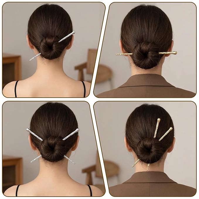 4Pcs Silver Gold Hair Chopsticks Chinese Hair Sticks for Buns Metal Chinese Hairpin Classic Hairs Accessories for Women Lady Girls Buns and Updos Suitable Fine Thick Hairs 6.9inch