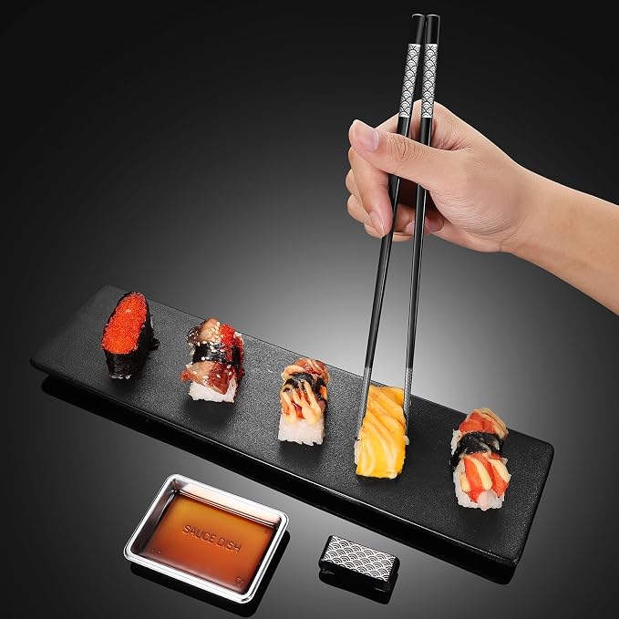 Metal Chopsticks Reusable 2 Pairs Titanium Plated Stainless Steel18/8 Chopsticks with Holder, Dishwasher Safe Lightweight Japanese Style Chopsticks Gift Set(Black)