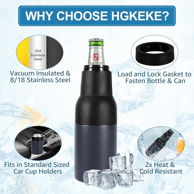 12oz Vacuum Insulated Can Holder with Double Walled Stainless Steel | Beer Soda Can Cooler with Beer Opener, 3 in 1 Beer Bottle Insulators Holder Ice Cold for Hours Beer Lovers - Navy Blue