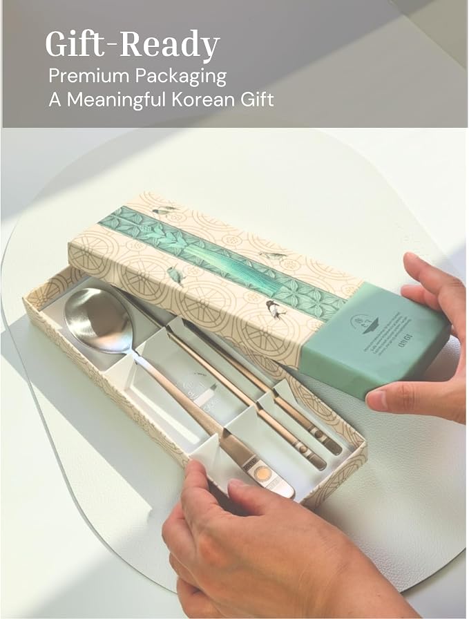 ONGI Korean Spoon and Chopstick 1 Set – Premium 18/10 Stainless Steel – Double Happiness Design – Gift-Ready – Made in Korea – Dishwasher Safe (Hee Pattern Silver 1 Set)