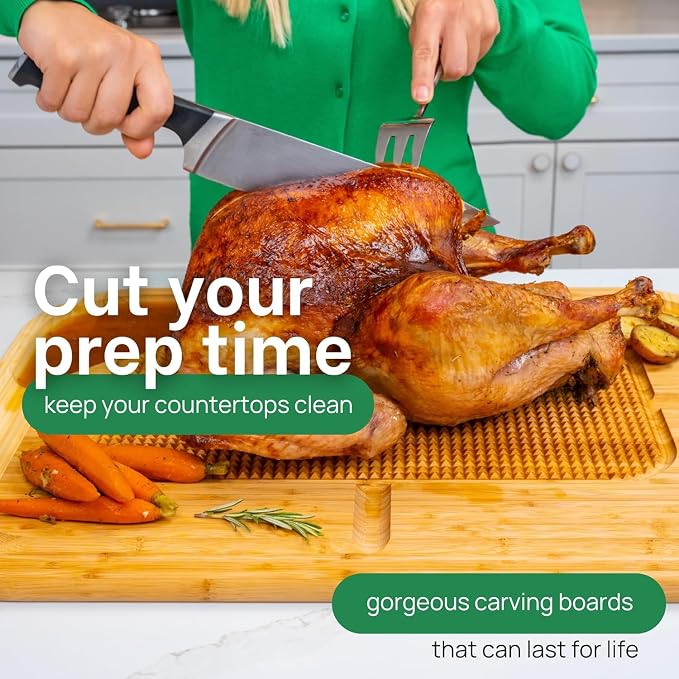 HUGE Organic Bamboo Extra Large Carving Board with Lifetime Replacements - 2XL Meat Cutting Board and Wooden Butcher Block with Pour Spout, Turkey Platter for Christmas Holiday Essentials