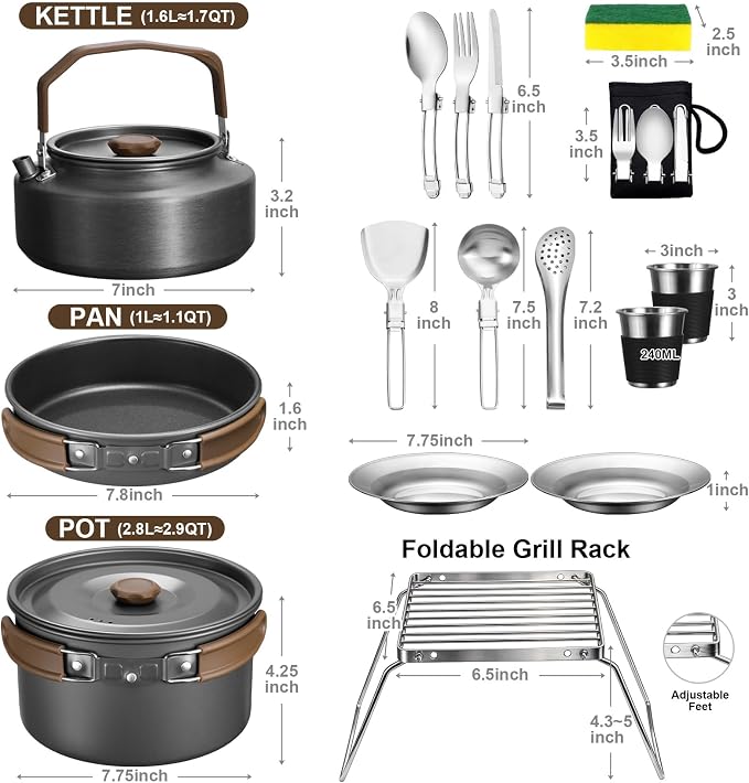 18Pcs Camping Cookware Cooking Set, Joyfair Camp Mess Kit with Utensils | Nonstick Pan,Pot,Kettle,Grill Grate, Outdoor Portable Backpacking Gear Openfire Accessories Essentials, Compact&Lightweight
