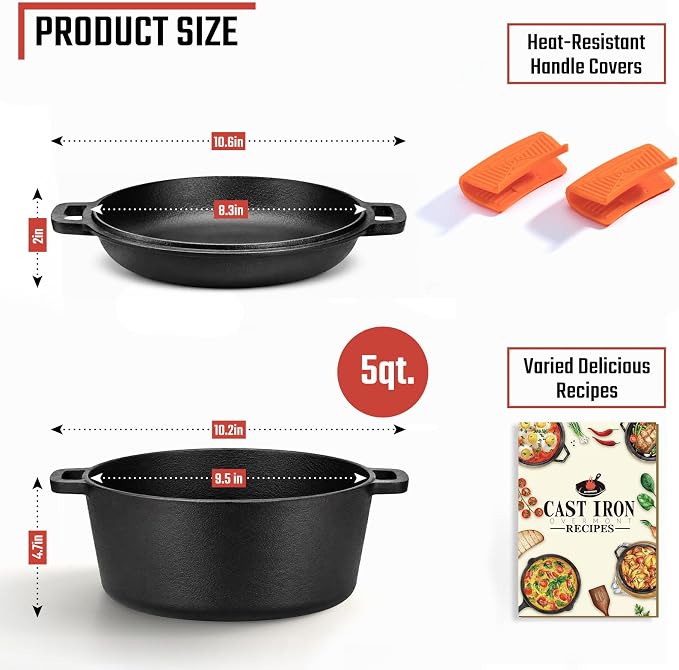 Overmont 5QT Double Dutch Oven - 2-in-1 Pre-Seasoned Cast Iron Pot & Recipe | Skillet Lid Doubles as Frying Pan, Heavy Duty Cast Iron Pot with Handle Covers, for Sourdough Baking Frying Outdoor Camping