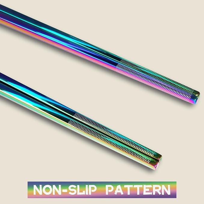 Stainless Steel Rainbow Chopsticks - 5 Pairs Reusable Metal Chopsticks with Non-Slip Tips, Dishwasher Safe, Colorful Utensil Set for Adults, Kids, Asian Cuisine, Sushi, Noodles, Home Kitchen or Gift