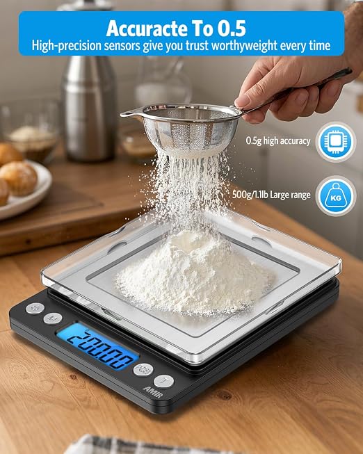 AMIR Digital Kitchen Scale, 500g/0.01g Mini Pocket Jewelry Scale, Cooking Food Scale with Backlit LCD Display, 2 Trays, 6 Units, Auto Off, Tare, PCS Function, Stainless Steel, Battery Included, Black