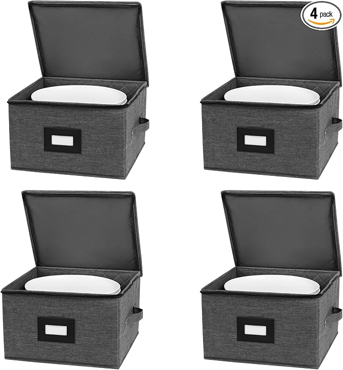 China Storage Containers Hard Shell, 12" Plates Storage Box for Dishes | Stackable Dinnerware Storage Containers with 48 Felt Dividers (4 Pack Black)