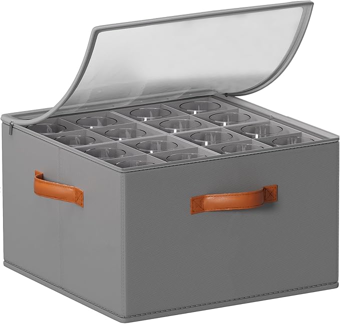 Foyego Wine Glass Storage Box, Gray | 16 Adjustable Dividers, Hard Shell, Stackable China Storage Containers Holds Stemware, Glassware, Crystal for Packing&Moving