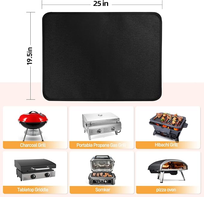 25 x 19.5in Heat Resistant Grill Mats for Outdoor Grill to Protect Your Prep Table and Outdoor Grill Table - Fire Proof & Water Proof & Oil Proof BBQ Mat - Black (0.6mm)