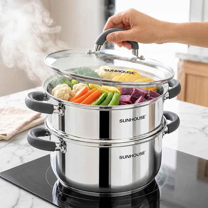 Sunhouse: 3 Quart Stainless Steel Steamer Pot - 2-Tier Cookware, Tempered Glass Lid, Stay-Cool Silicone Handles, 3-Ply Bottom, Dishwasher & Oven Safe | Steaming Pot with Glass Lid & Steamer Basket - 2 Tier Tri-ply Stovetop Steamer For Vegetable, Veggie...