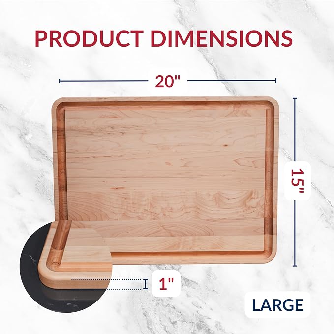 Made in USA Large Solid Maple Wood Cutting Board by Virginia Boys Kitchens - Butcher Block Wooden Carving Board with Juice Groove made from Sustainable North American Hardwood (20x15)