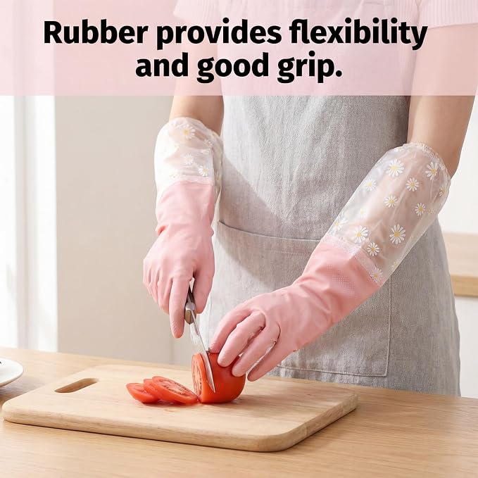 Reusable Pink Rubber Gloves, Pink Dishwashing Cleaning Gloves, Non-Slip Laundry Kitchen Gardening Household Gloves with Long Elastic Cuffs