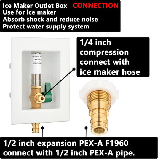 (1 Pack) Lidertik 1/2 inch Expansion PEX-A Pre-Assembled Ice Maker Outlet Box Valve 1/4 inch Recessed Refrigerator Water Line with Shut Off Valve and Stainless Steel Water Hammer Arrestor LI-ZBQH-631