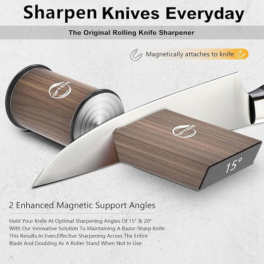 Toptzon Diamond Walnut Rolling Knife Sharpener – Roller Knife Sharpener Kit with 15 & 20 Degree Magnetic Angle Stand & Leather Strop Paddle Kit - Easy Sharpening for Kitchen Knife (Modern Walnut)