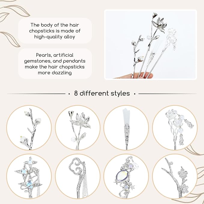 inSowni 8 Pieces Decorative Retro Crystal Pearl Silver Hair Sticks Pins with Pendants Asian Chinese Hanfu Cloud Star Lotus Flower Hair Forks Chopsticks Bun Updo Holders Long Hairpins for Women Girls