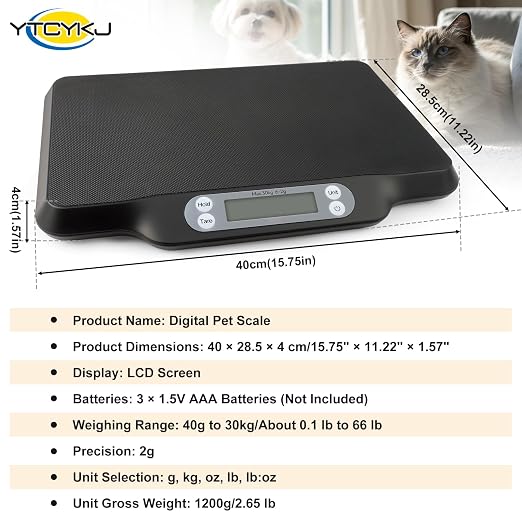Digital Pet Scale for Accurate Weighing & Baby Scale Kitten Scale | High-Precision Puppy Scales, Dog Cat Scale | 30kg/66lb Capacity, 2g Accuracy, Non-Slip Mat, Tare & Hold Function