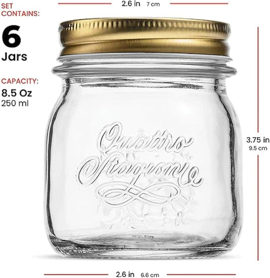 Bormioli Rocco Quattro Stagioni 8.5 Oz. Mason Jar (Set of 6) - Wide Mouth Glass Jar with Airtight Twist Lid - Classic Beehive Embossed Design for Canning, Storage & Recipes - Made in Italy, BPA Free