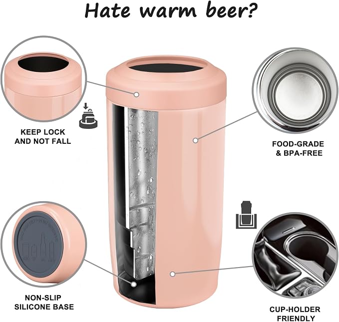 4-in-1 Slim Can Cooler Easy to Hold Insulated Beer Can Holder Double-walled Stainless Steel for All 12 Oz Cans Gift (Jelly Pink)