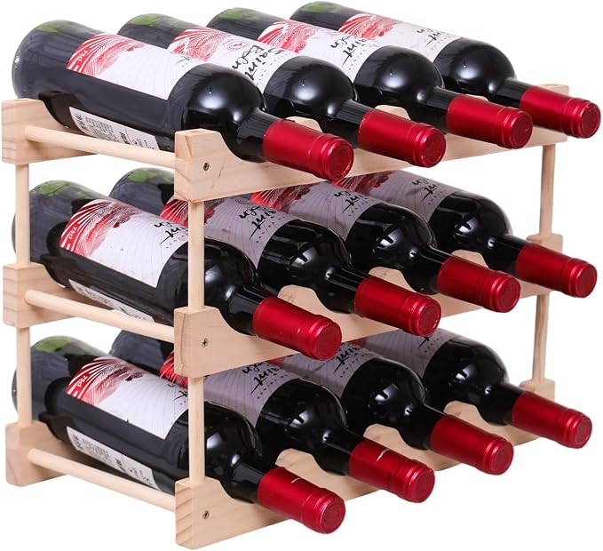 Wooden Wine Rack, countertop Wine Rack, 8-Bottle Stackable Wine Storage Rack, DIY Assembled Wine Holder, Used in Kitchens, countertops, etc (3 Layers of 12 Bottles)