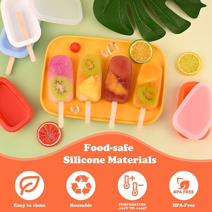 Sakolla 4 Pcs Silicone Popsicle Molds with Lid & 50 Pcs Wooden Popsicle Sticks, Stackable Classic Oval Ice Cream Molds for Homemade Ice Pop, Cakesicles, Freezer Yogurt and Fruit Juice (Multicolor)