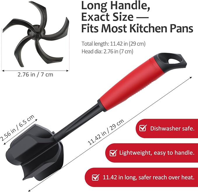 Ourokhome Meat Chopper and Potato Masher, Heat Resistant Nylon Ground Beef Smasher for Hamburger, 5 Curved Blades Nonstick Safe Mixer & Stirrer, Practical Kitchen Gadgets, Black Red