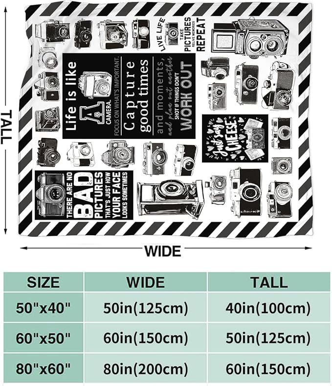 Yibuda Retro Camera Blanket Photography Flannel Plush Throw Blanket Cozy Black White Decor Fleece Stuff Blanket Gifts for Lover Girls Boys Kids Adults Women Bed Travel 40"x50"